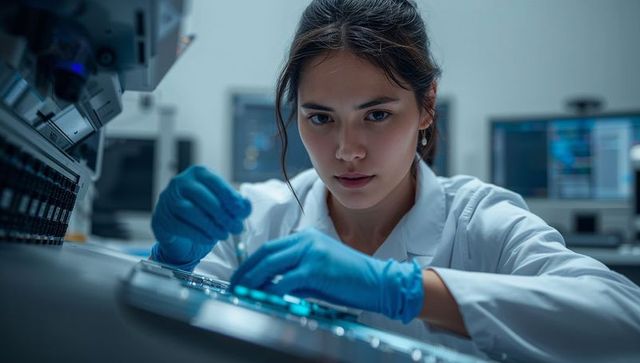 Female scientist conducting microplate test in advanced lab