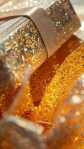 Camera gliding across ornate gold filigree and glittering ribbon in vertical luxury motion