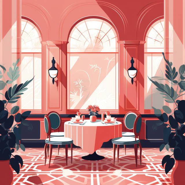 General view of fancy restaurant interiors with big windows, created using generative ai technology. Restaurant, dining and interiors concept digitally generated image.