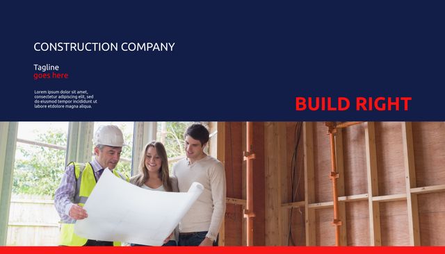 This image portrays a construction team meticulously reviewing blueprints at a building site, emphasizing the importance of collaboration and professional expertise in construction projects. Ideal for promoting construction companies, engineering firms, architectural services, and residential contractors. Can be utilized in brochures, websites, advertisements, and project presentations to highlight precision and reliability in the construction industry.