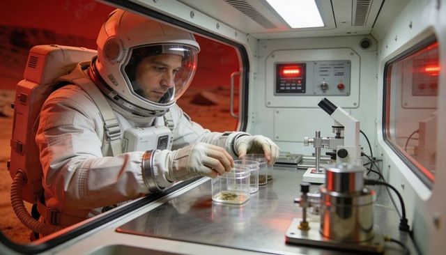 Astronaut conducting martian soil analysis in sealed laboratory chamber with microscope