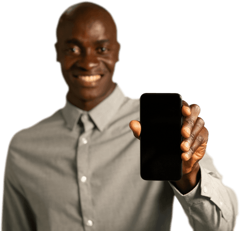 Smiling african american man displaying smartphone on transparent background