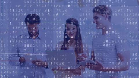 Team Analyzing Data with Overlay of Binary Code in Office