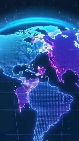 Vertical Rotating 3D Digital Globe with Pulsing Neon Grid and Global Data Hotspots