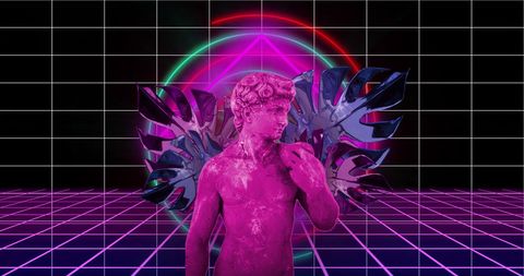 Neon grid retro futuristic digital art with classical statue