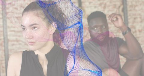 Fitness couple in industrial loft with abstract digital mesh overlay and copy space