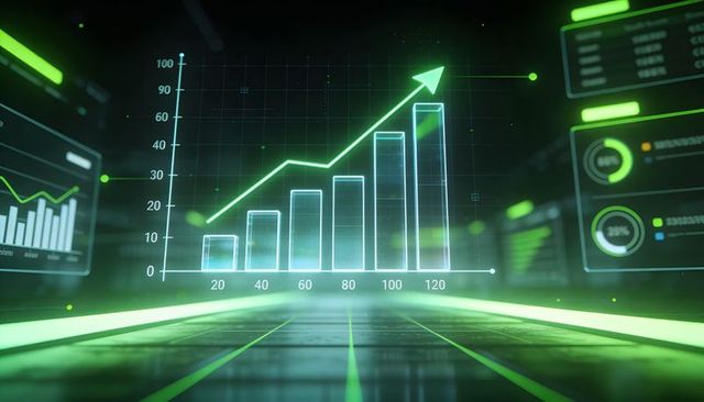Neon holographic growth dashboard showing rising 3d bar chart with upward trend arrow