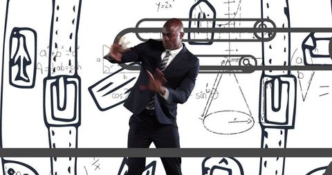 Businessman interacting with mathematical symbols and graffiti art