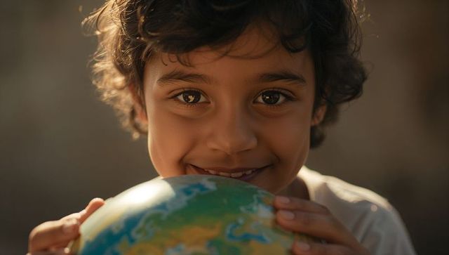 Curious child holding globe examining continents