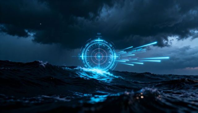 Holographic target hovering over stormy night ocean sending neon blue radial light beams