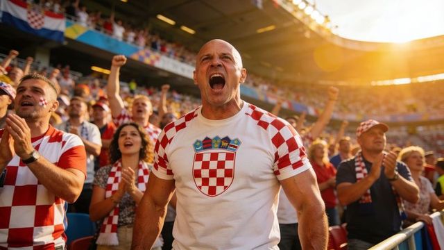Passionate croatian football fans cheering in stadium sunlight and lens flare