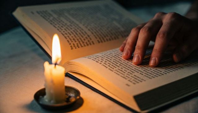 Candlelit reading with fingertips tracing book page, warm glow, melted wax intimacy