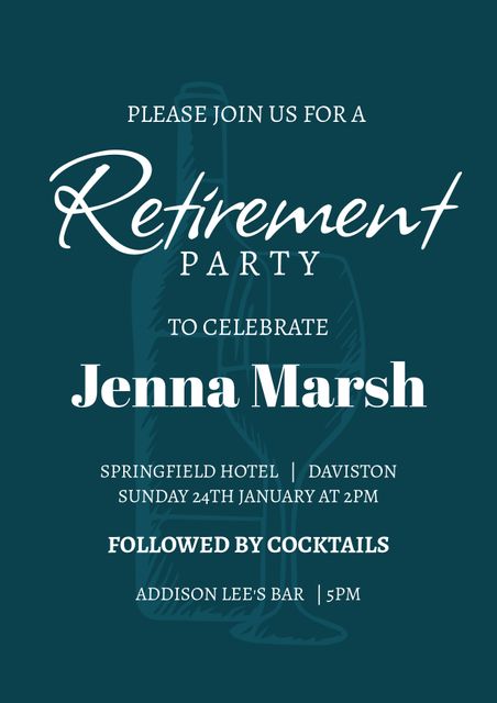This elegant retirement party invitation features a stylish blue background with a subtle bottle and glass graphic, perfect for inviting colleagues and friends to a sophisticated celebration. Ideal for use in formal and semi-formal party planning, event promotions, and social gathering announcements.