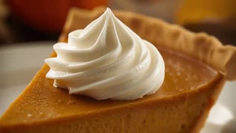 Close-up of Pumpkin Pie Slice with Whipped Cream Topping