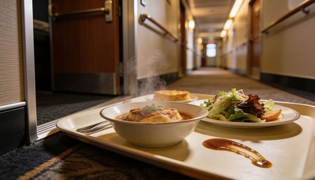 Room service tray sitting in hotel corridor with steaming soup and fresh salad