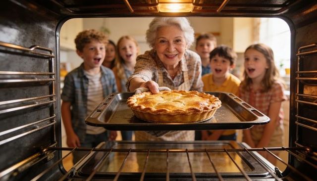 Grandmother pulling golden pie from oven as grandchildren watch with delighted smiles