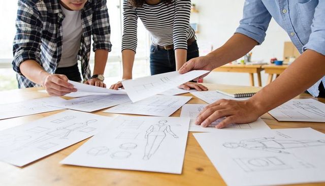 Creative team reviewing fashion sketches on wooden table in bright studio