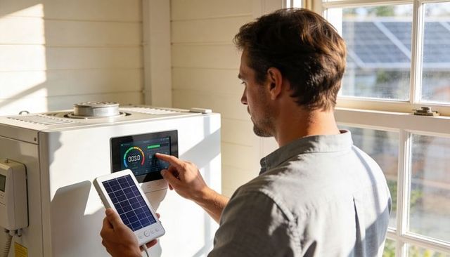 Testing residential solar inverter touchscreen while holding portable photovoltaic panel
