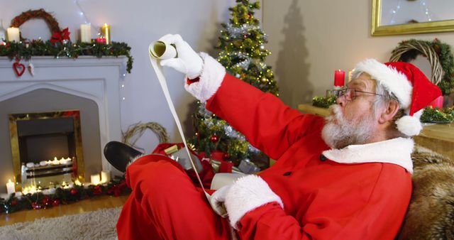 A Caucasian senior man dressed as Santa Claus is reviewing a list in a cozy room decorated for Christmas, with copy space. His relaxed posture and the festive environment suggest he's preparing for the holiday gift-giving.