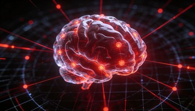 Translucent brain hologram sending red neural signals across futuristic 3d digital grid