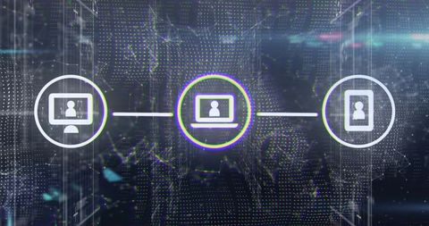 Neon connected devices network with laptop hub linking desktop and tablet on digital grid