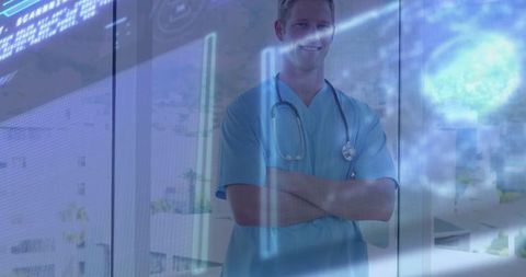 Doctor in Blue Scrubs Surrounded by Digital Healthcare Technology