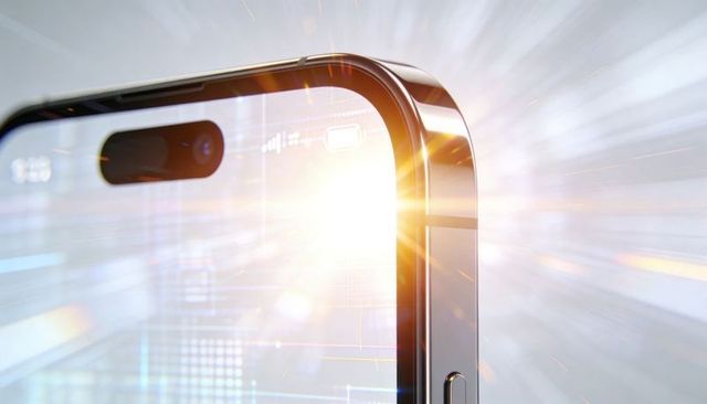 Close-up showing modern smartphone corner with pill camera cutout and metallic bezel glow