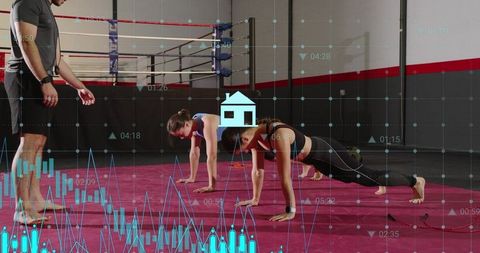 Women performing push-ups in boxing ring with trainer, fitness data overlay, performance tracking