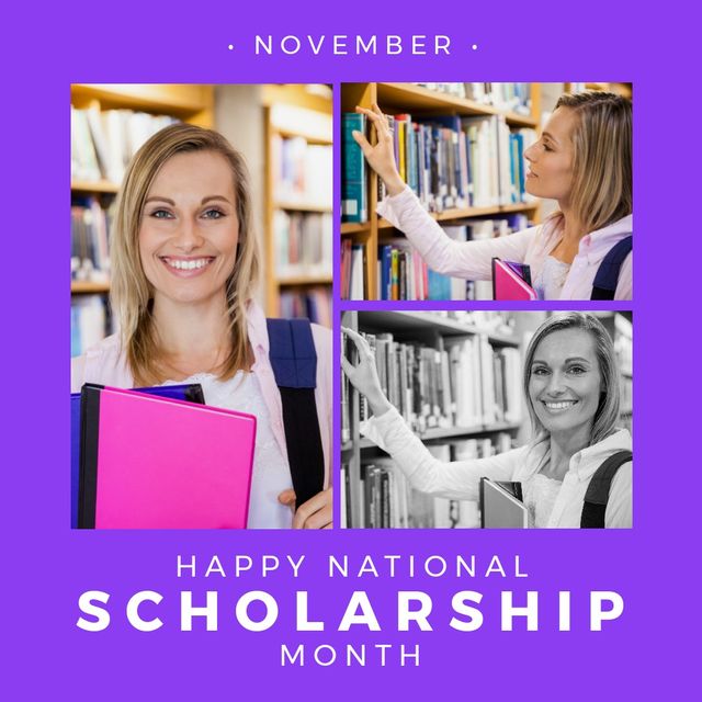 Collage of caucasian young woman in library and november and happy national scholarship month text - Download Free Stock Videos Pikwizard.com