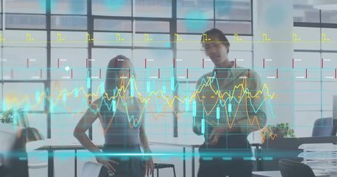 Man and woman in turtlenecks reviewing candlestick charts on glass wall for team analytics