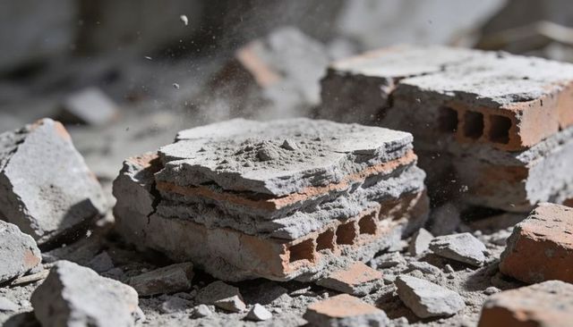 Crumbled hollow clay bricks releasing dust and debris on construction rubble with mortar dust