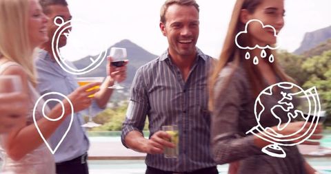Smiling man enjoying pool deck party with cocktails, travel icons, summer lifestyle