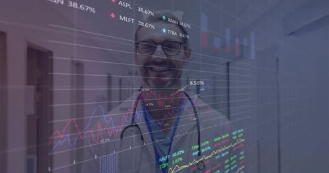 Doctor Analyzing Medical Data with Digital Interface Reflection