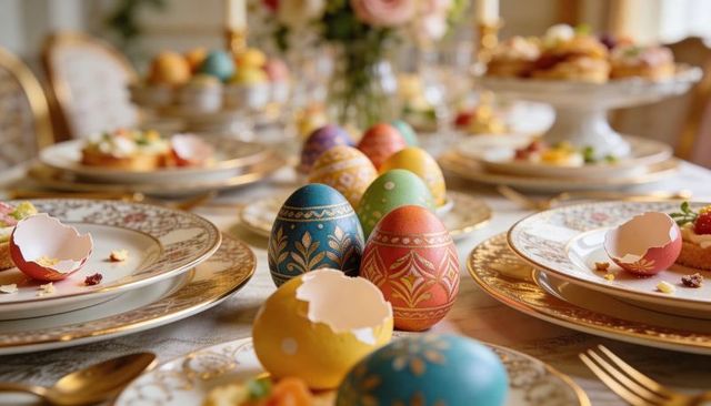 Displaying ornate hand-painted easter eggs on elegant brunch table with gold flatware
