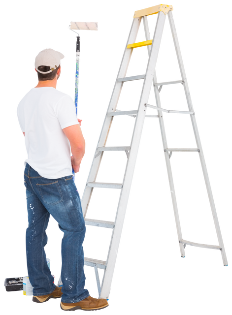 Handyman Preparing for Painting with Roller and Ladder on Transparent Background - Download Free Stock Videos Pikwizard.com