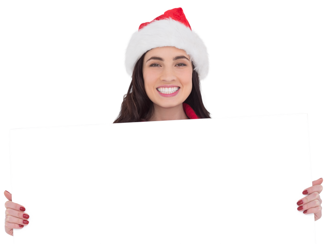 Smiling Brunette Woman in Santa Hat Showing Blank Transparent White Poster - Download Free Stock Videos Pikwizard.com