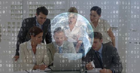 Executives Collaborating on Global Data Strategy with Earth Globe and Binary Overlay
