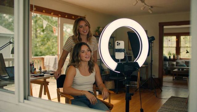 Two women recording lifestyle content in cozy home studio with ring light and smartphone