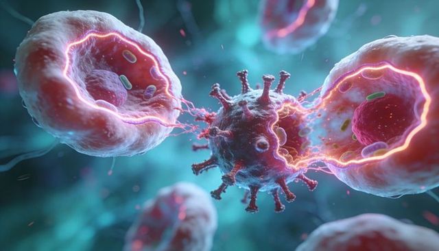 Viral particle forming fusion channels with host cells neon teal magenta microscopy