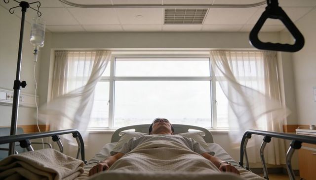 Adult male patient lying in hospital bed by window with iv drip and overhead trapeze