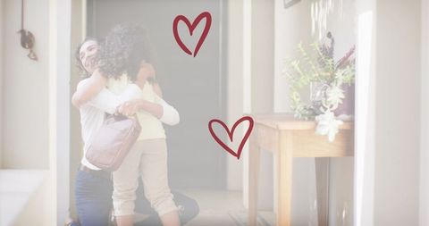 Joyful Reunion of Mother and Daughter Embracing with Overlaying Hearts