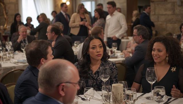 Asian woman listening at banquet networking dinner with candle centerpiece