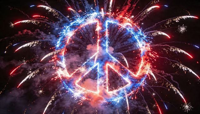 Red and blue peace sign fireworks exploding into golden sparks against dramatic night sky