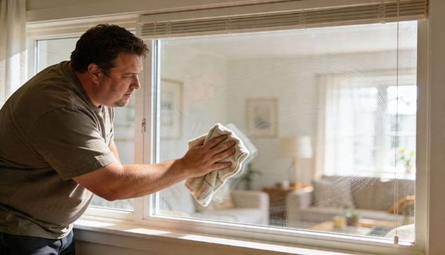 Middle-aged man wiping double-pane window with cloth in bright home interior