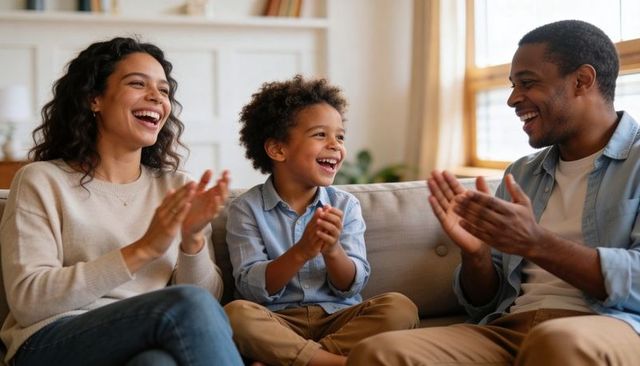 Joyful family clapping on sofa in sunlit cozy living room, parents smiling