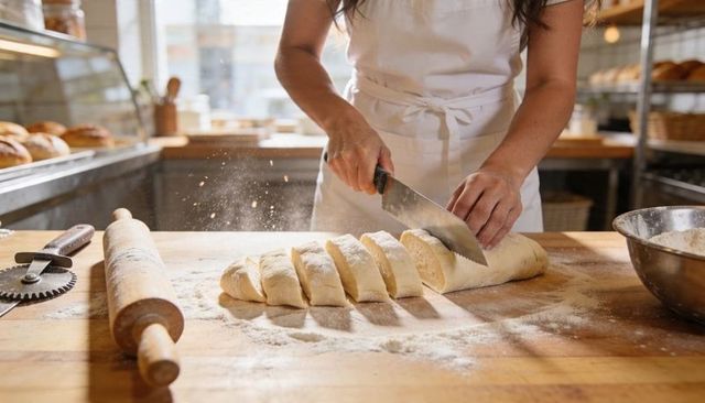 Artisan baker slicing dough log on sunlit wooden counter with rolling pin and flour dust