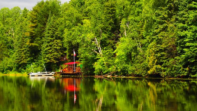 Peaceful woodland lake with dense green trees reflecting in the calm water. A cabin with a red roof and outdoor seating area, located on the lakeshore, provides a cozy and inviting atmosphere. Two boats are moored nearby. Perfect for concepts of relaxation, nature vacations, rustic living, getaway retreats, and outdoor adventures.