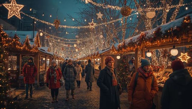 People Walking Through Lively Christmas Market at Night
