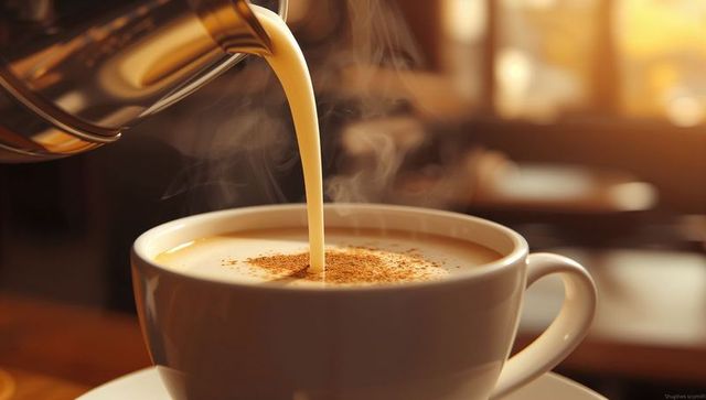 Pouring Latte with Cinnamon in Cozy Cafe Ambiance