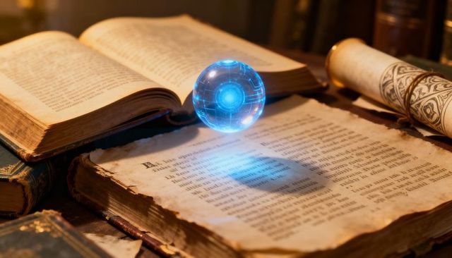 Holographic Blue Orb Hovering Over Antique Book Casting Light on Vintage Manuscripts